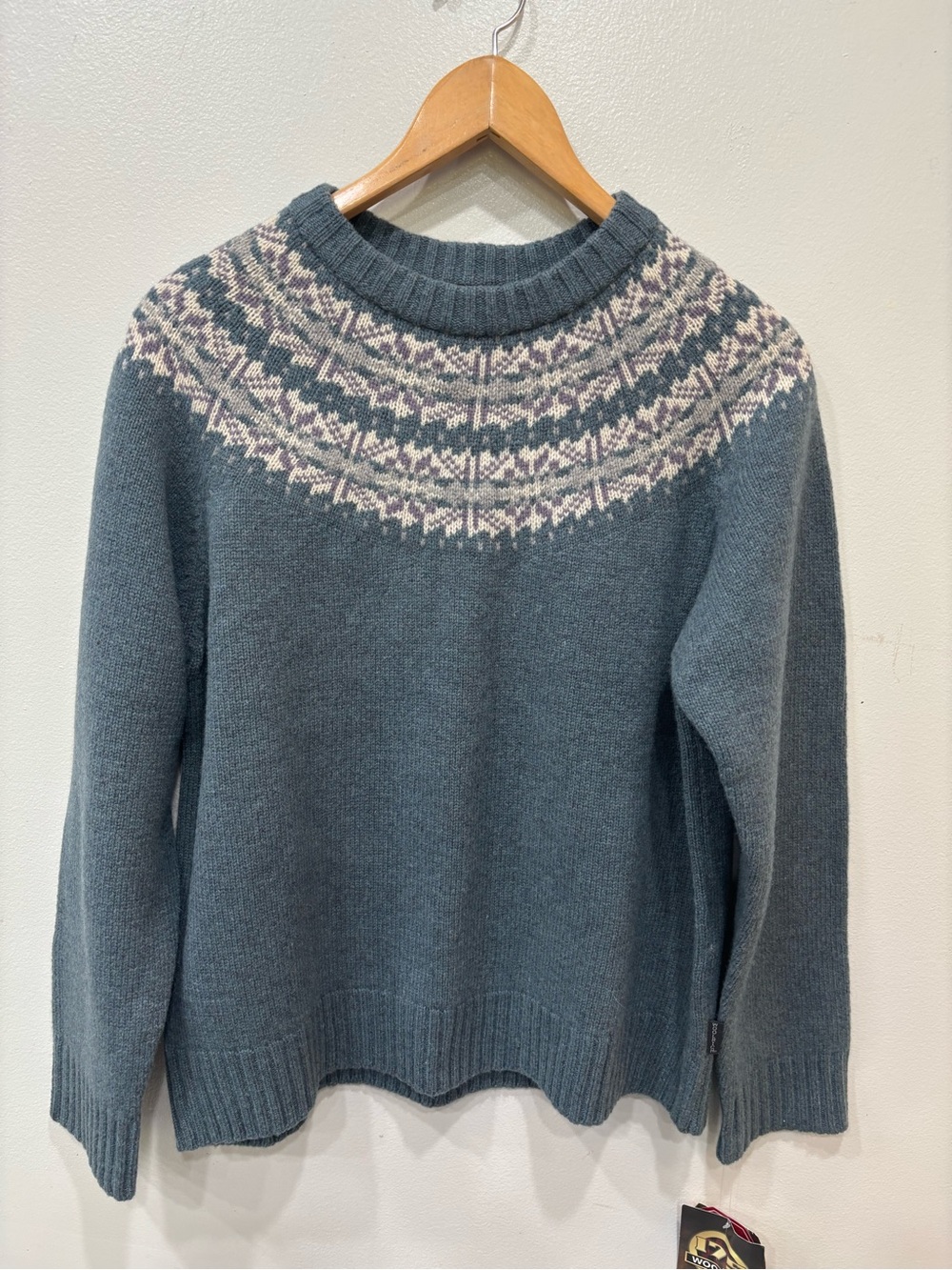 Woolrich Fair Isle Lambswool Pullover Teal Sweater Women’s Size Large Petite NEW